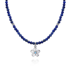 Floral - 925 Sterling Silver London Blue Topaz Flower and Lapis Bead Pendant Necklace