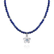 Floral - 925 Sterling Silver London Blue Topaz Flower and Lapis Bead Pendant Necklace