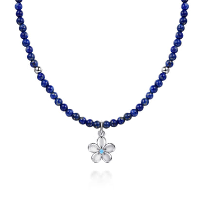 Floral - 925 Sterling Silver London Blue Topaz Flower and Lapis Bead Pendant Necklace