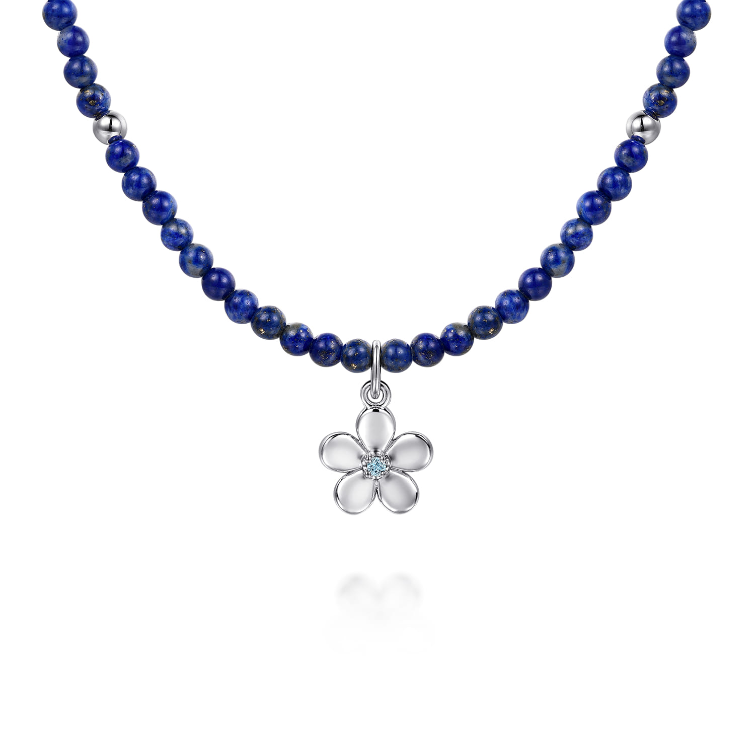 Floral - 925 Sterling Silver London Blue Topaz Flower and Lapis Bead Pendant Necklace - Shot 1