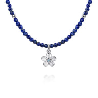 Floral - 925 Sterling Silver London Blue Topaz Flower and Lapis Bead Pendant Necklace
