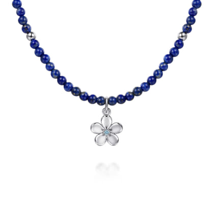 Floral - 925 Sterling Silver London Blue Topaz Flower and Lapis Bead Pendant Necklace