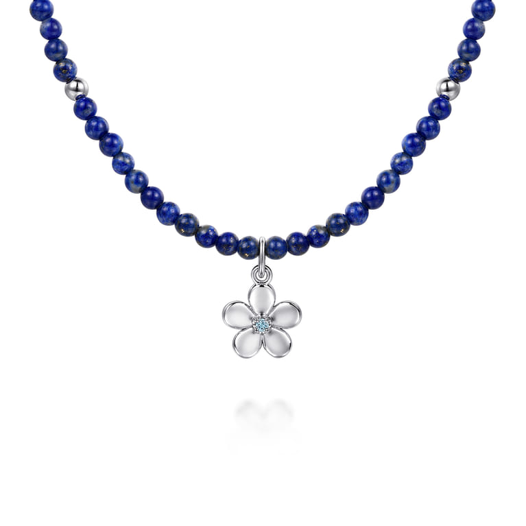 Floral - 925 Sterling Silver London Blue Topaz Flower and Lapis Bead Pendant Necklace - Shot 1