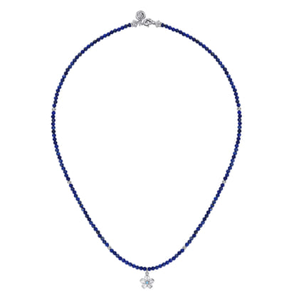 Floral - 925 Sterling Silver London Blue Topaz Flower and Lapis Bead Pendant Necklace
