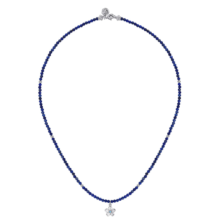 Floral - 925 Sterling Silver London Blue Topaz Flower and Lapis Bead Pendant Necklace - Shot 2