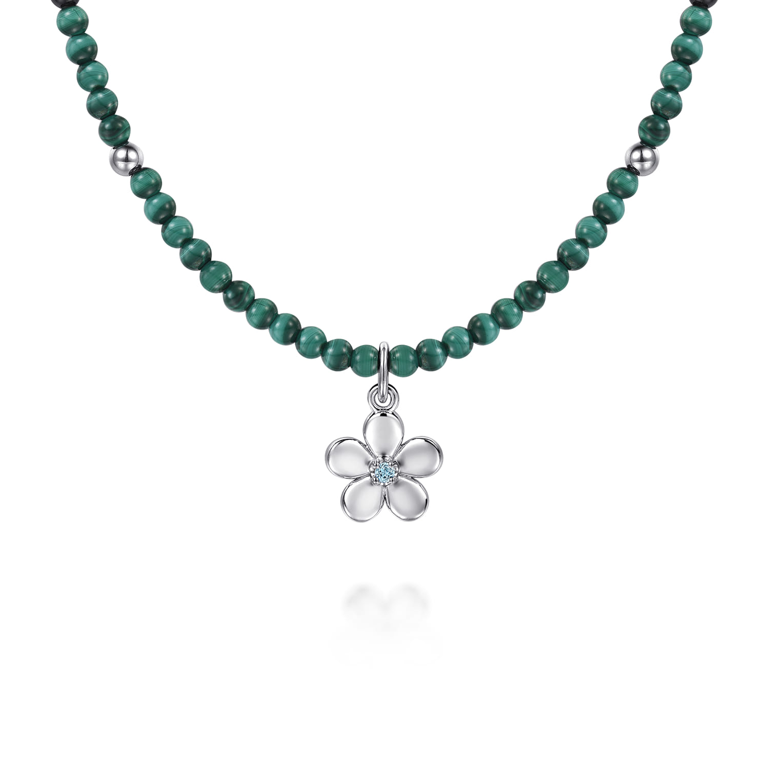 Floral - 925 Sterling Silver London Blue Topaz Flower and Malachite Bead Pendant Necklace - Shot 1