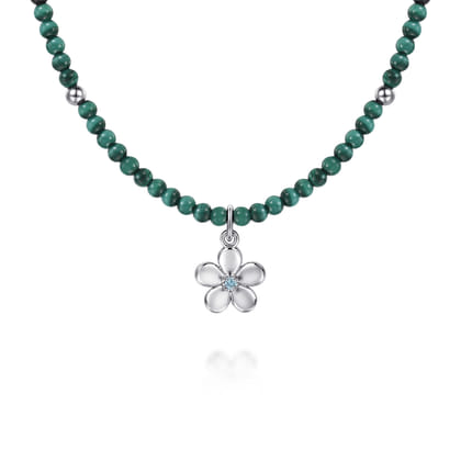 Floral - 925 Sterling Silver London Blue Topaz Flower and Malachite Bead Pendant Necklace