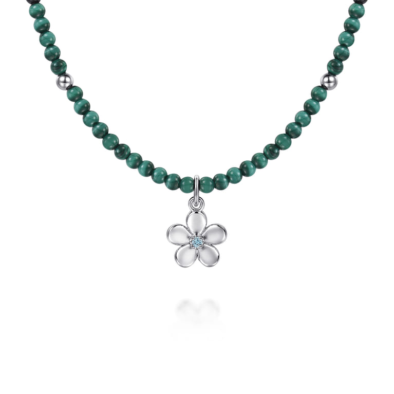 Floral - 925 Sterling Silver London Blue Topaz Flower and Malachite Bead Pendant Necklace - Shot 1