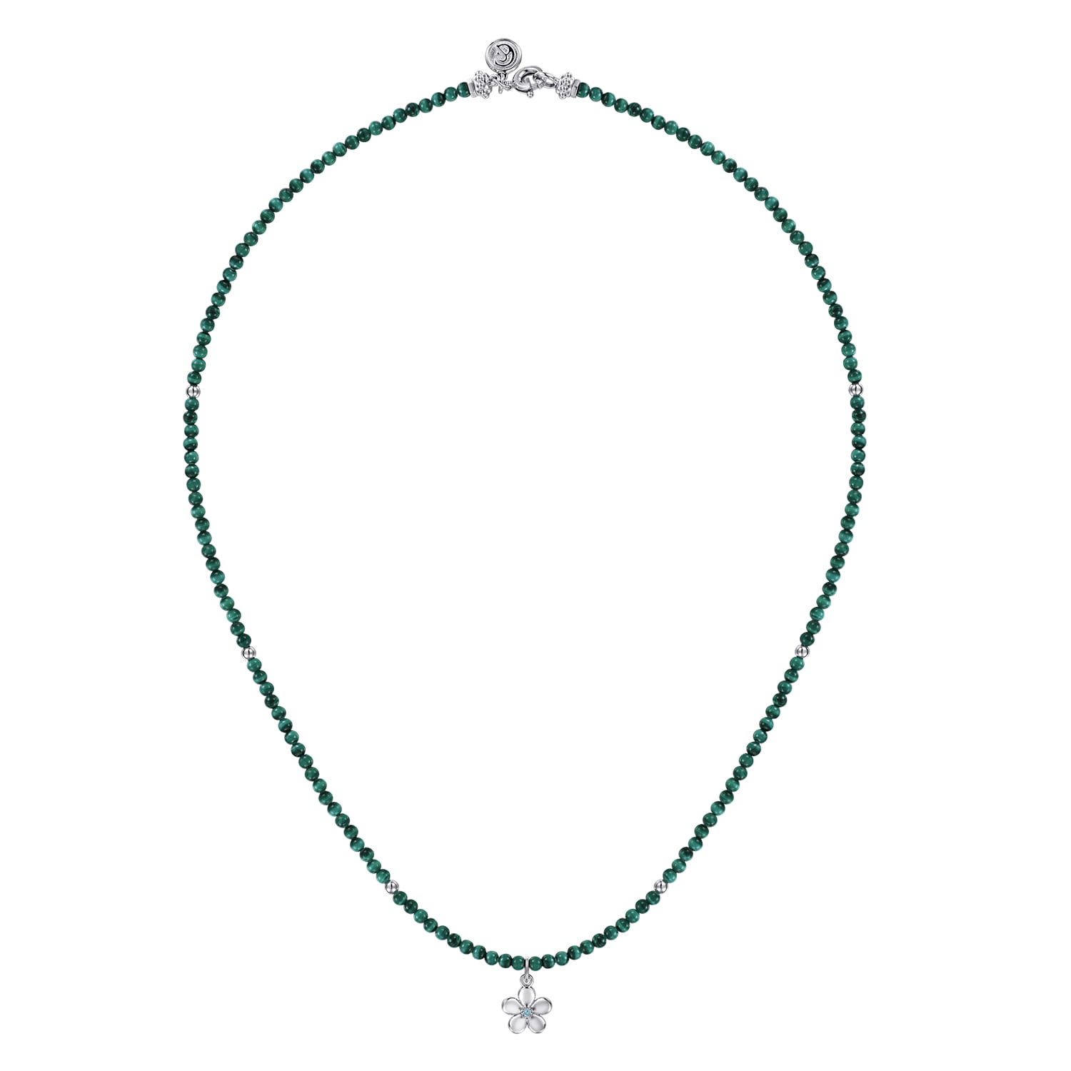 Floral - 925 Sterling Silver London Blue Topaz Flower and Malachite Bead Pendant Necklace - Shot 2