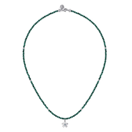 Floral - 925 Sterling Silver London Blue Topaz Flower and Malachite Bead Pendant Necklace