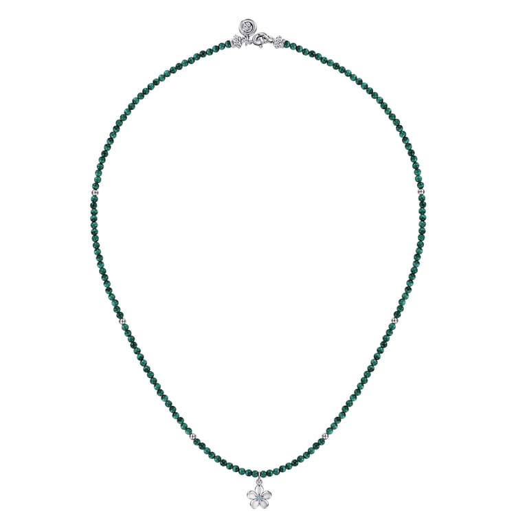 Floral - 925 Sterling Silver London Blue Topaz Flower and Malachite Bead Pendant Necklace - Shot 2