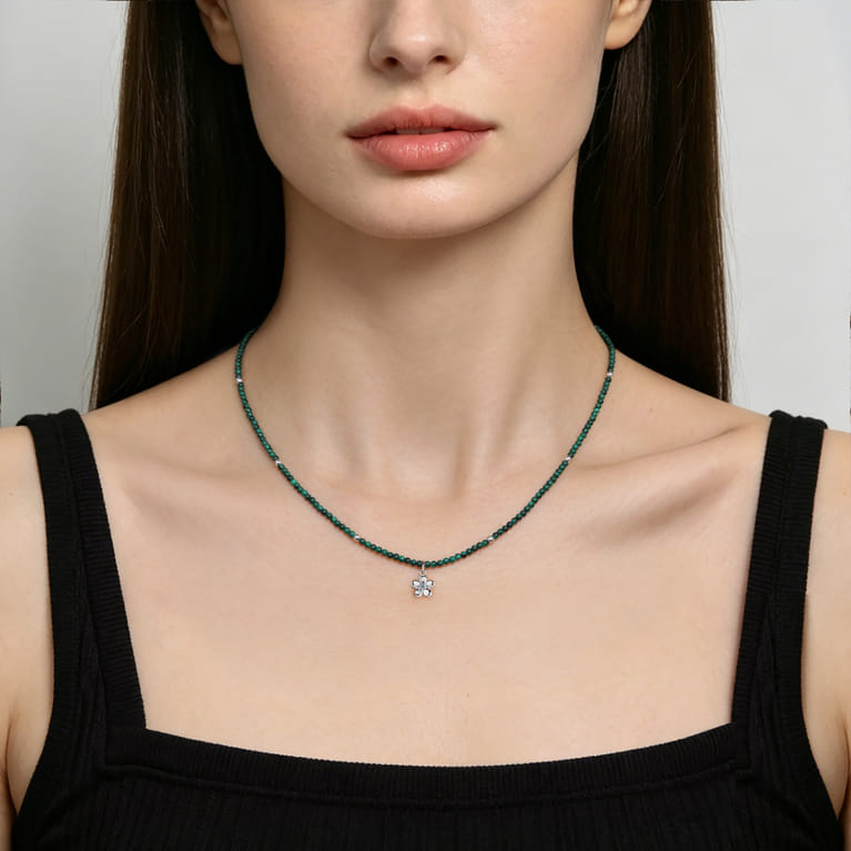 Floral - 925 Sterling Silver London Blue Topaz Flower and Malachite Bead Pendant Necklace - Shot 3