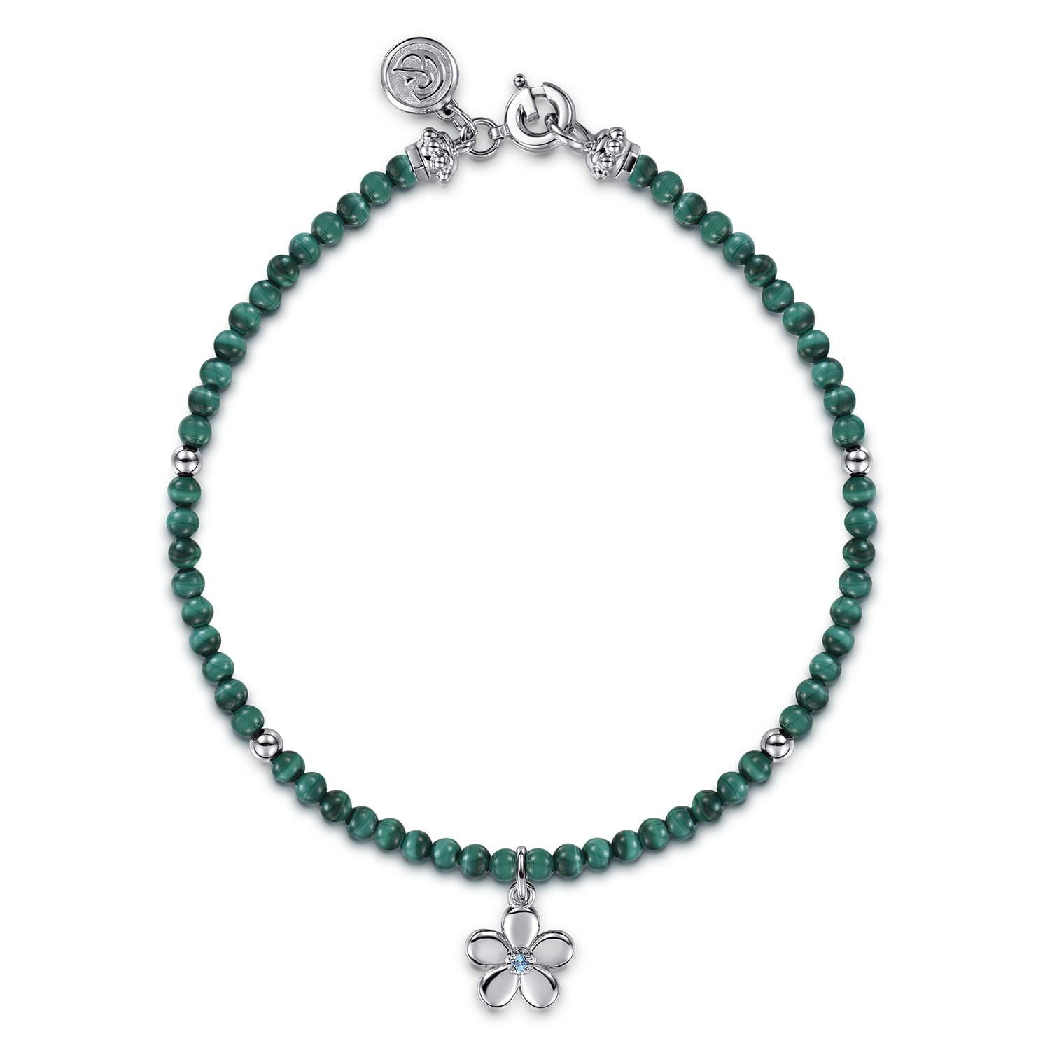 Floral - 925 Sterling Silver London Blue Topaz Flower and Malachite bead Bracelet - Shot 1