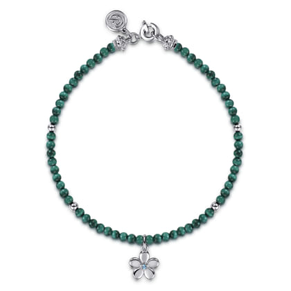 Floral - 925 Sterling Silver London Blue Topaz Flower and Malachite bead Bracelet