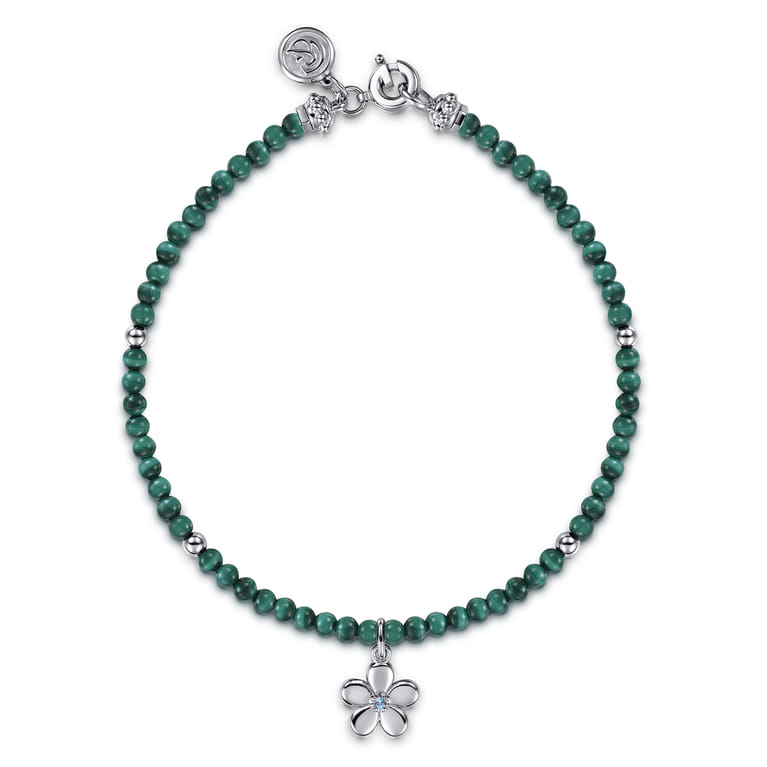 Floral - 925 Sterling Silver London Blue Topaz Flower and Malachite bead Bracelet - Shot 1
