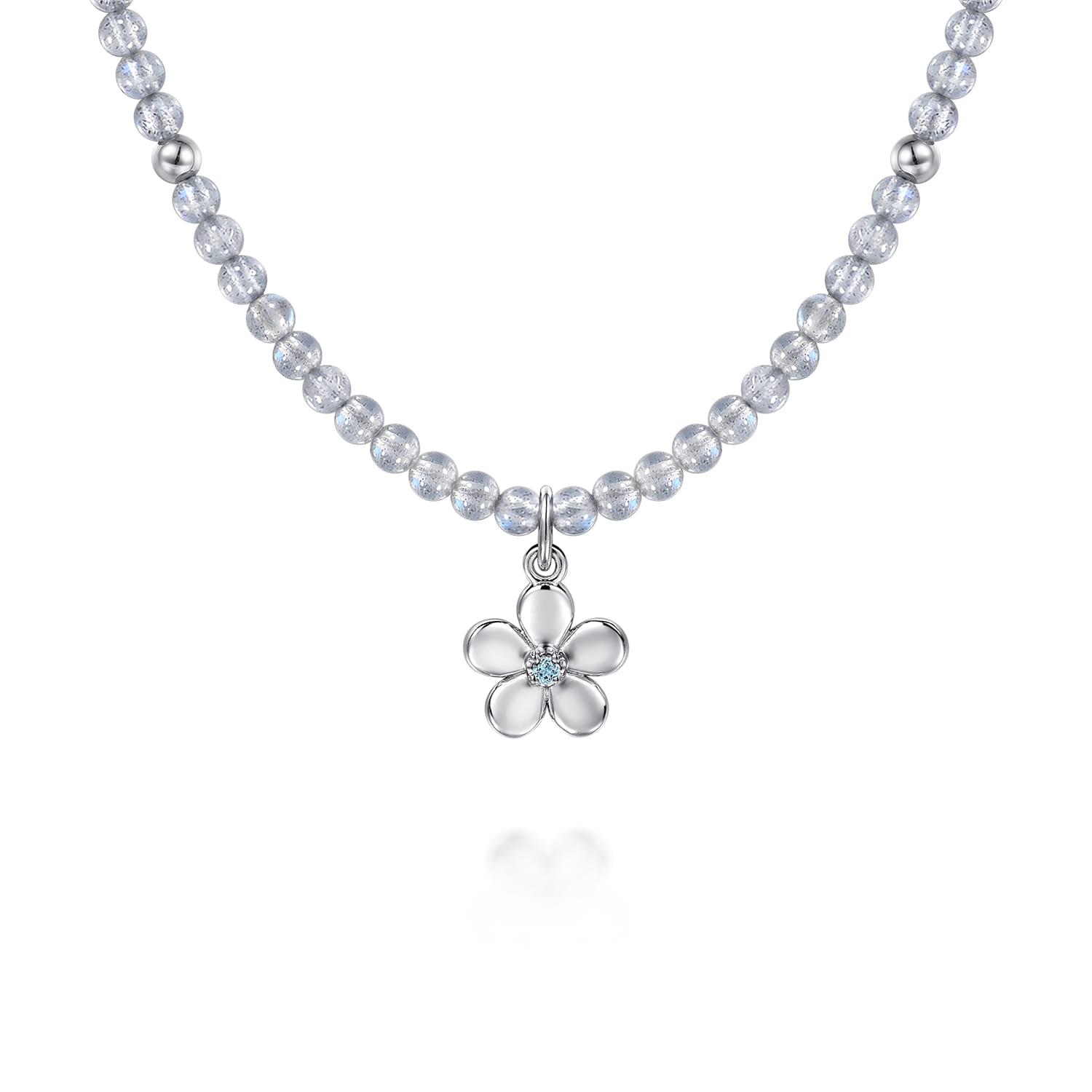 Floral - 925 Sterling Silver London Blue Topaz Flower and Moon Stone Bead Pendant Necklace - Shot 1
