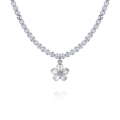Floral - 925 Sterling Silver London Blue Topaz Flower and Moon Stone Bead Pendant Necklace