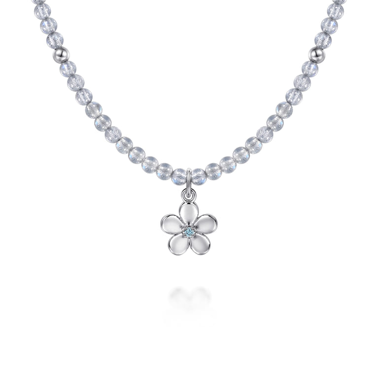 Floral - 925 Sterling Silver London Blue Topaz Flower and Moon Stone Bead Pendant Necklace - Shot 1