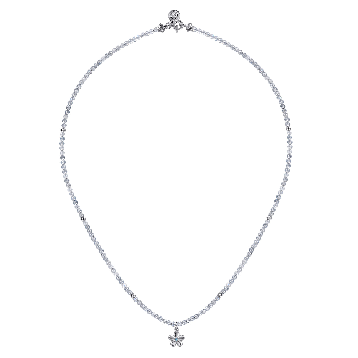 Floral - 925 Sterling Silver London Blue Topaz Flower and Moon Stone Bead Pendant Necklace - Shot 2