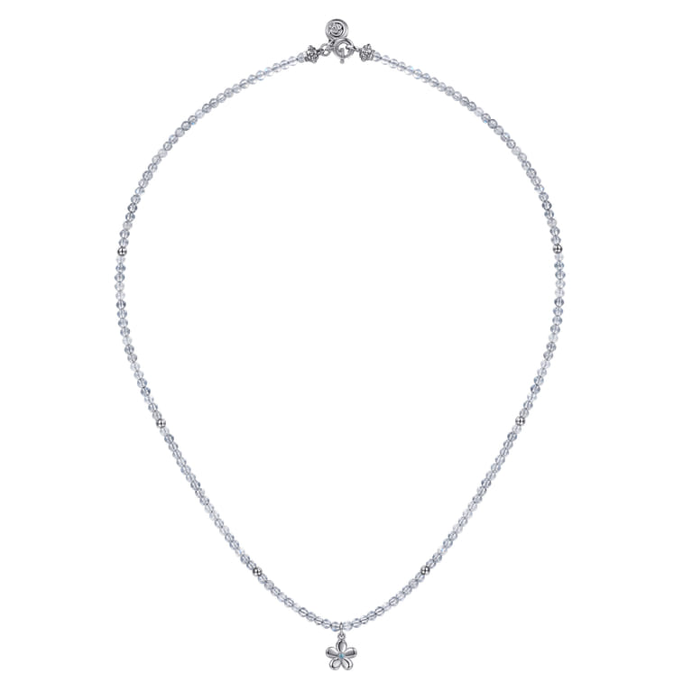Floral - 925 Sterling Silver London Blue Topaz Flower and Moon Stone Bead Pendant Necklace - Shot 2