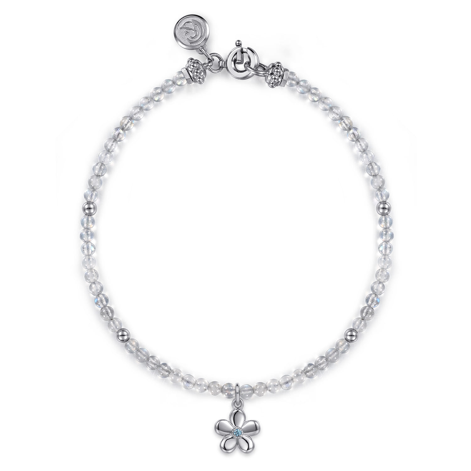 Floral - 925 Sterling Silver London Blue Topaz Flower and Moon Stone bead Bracelet - Shot 1
