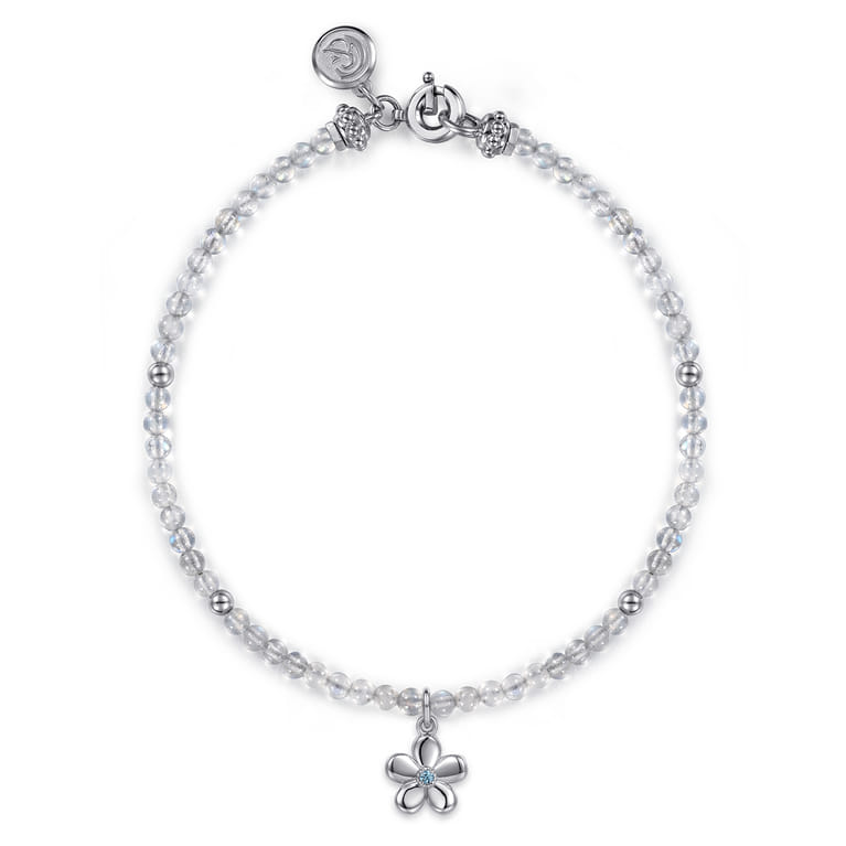 Floral - 925 Sterling Silver London Blue Topaz Flower and Moon Stone bead Bracelet - Shot 1