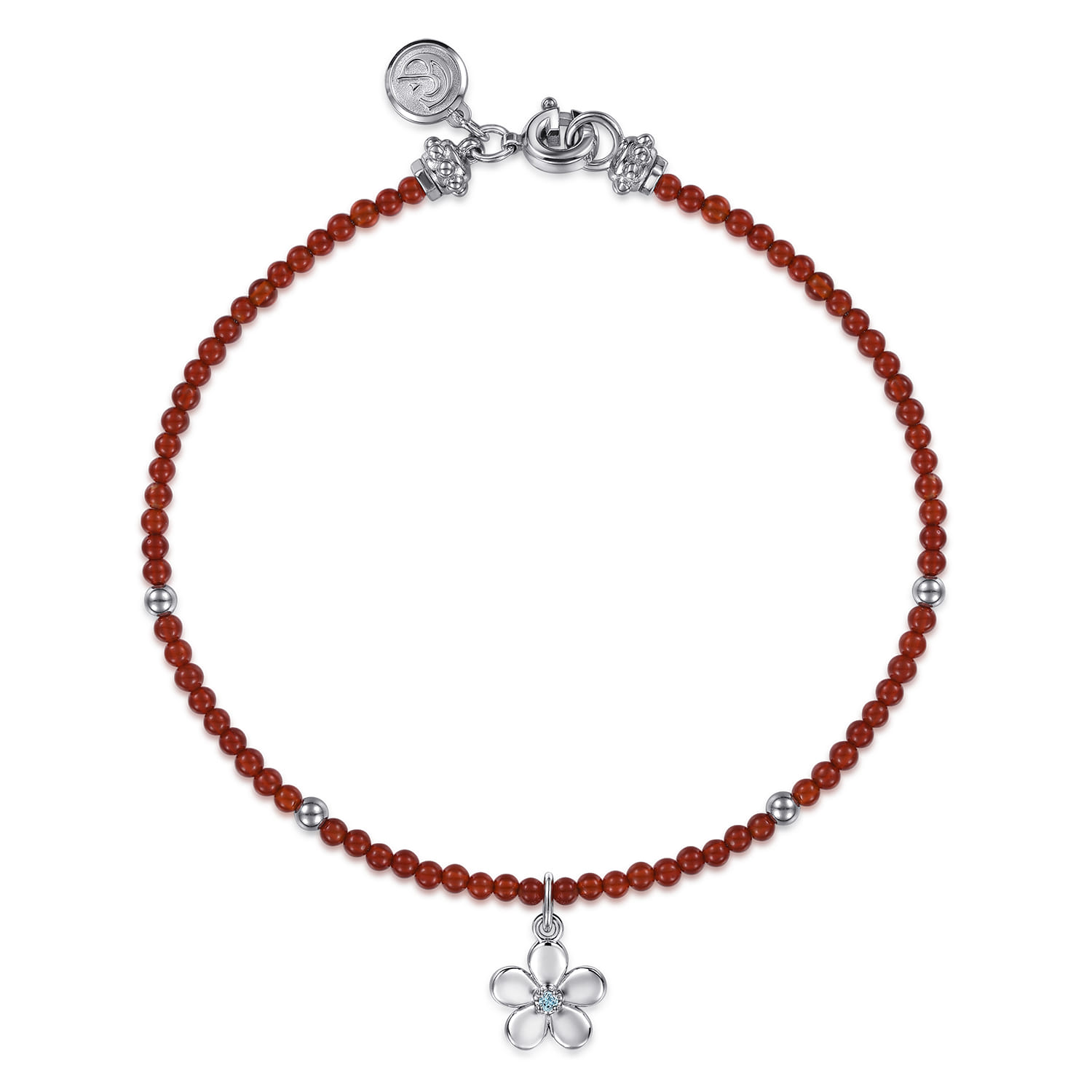 Floral - 925 Sterling Silver London Blue Topaz Flower and Red Agate Bead Bracelet - Shot 1
