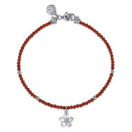 Floral - 925 Sterling Silver London Blue Topaz Flower and Red Agate Bead Bracelet