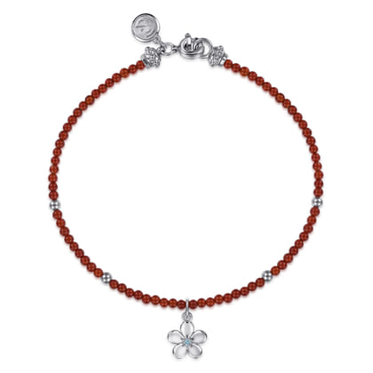 Floral - 925 Sterling Silver London Blue Topaz Flower and Red Agate Bead Bracelet