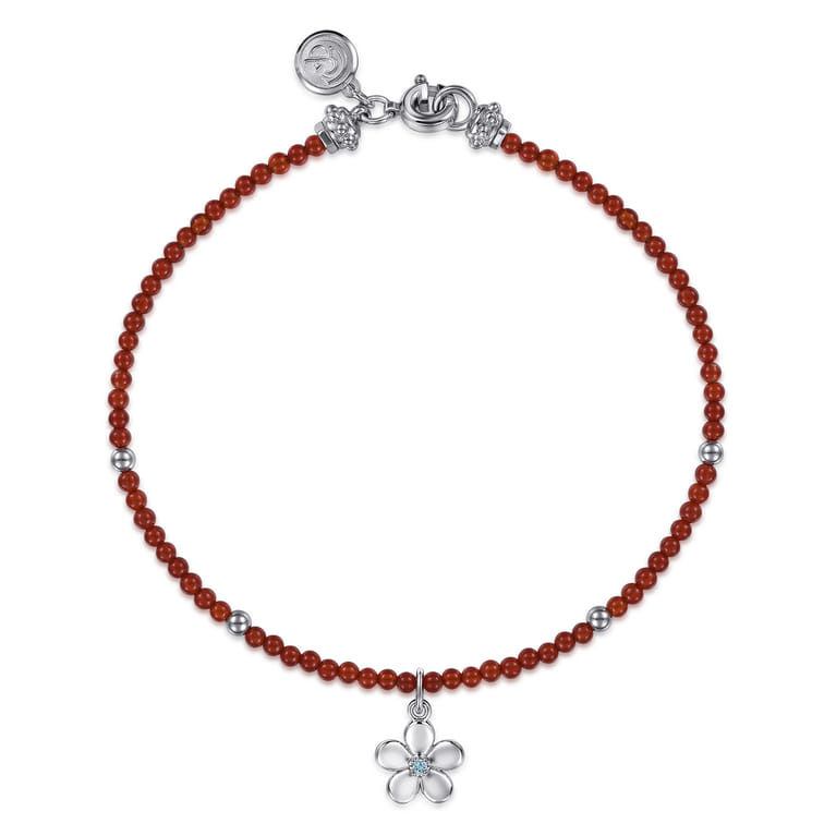 Floral - 925 Sterling Silver London Blue Topaz Flower and Red Agate Bead Bracelet - Shot 1
