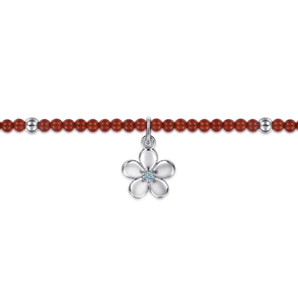 Floral - 925 Sterling Silver London Blue Topaz Flower and Red Agate Bead Bracelet