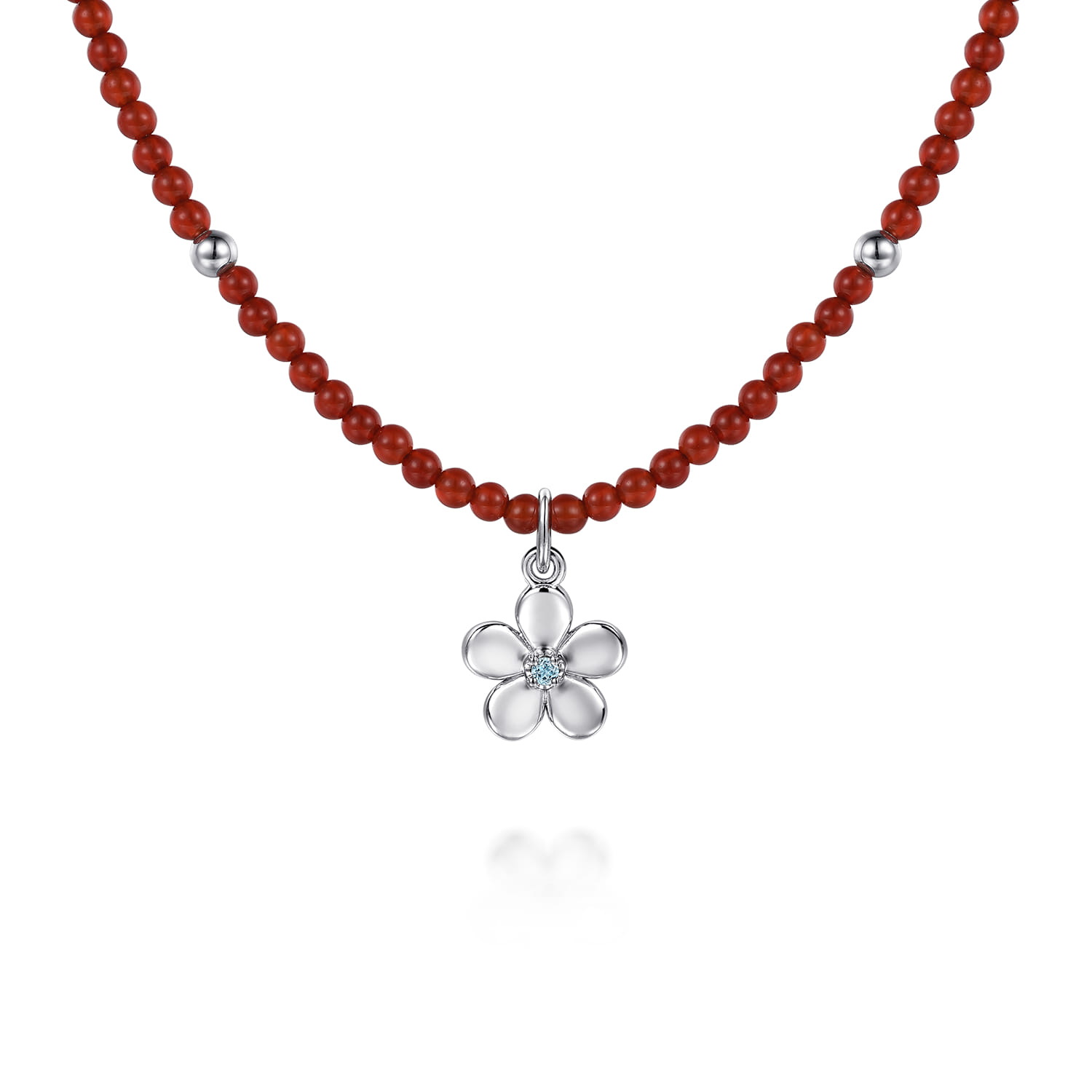 Floral - 925 Sterling Silver London Blue Topaz Flower and Red Agate Bead Pendant Necklace - Shot 1