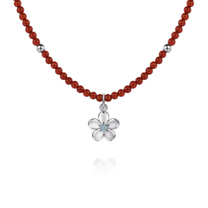 Floral - 925 Sterling Silver London Blue Topaz Flower and Red Agate Bead Pendant Necklace