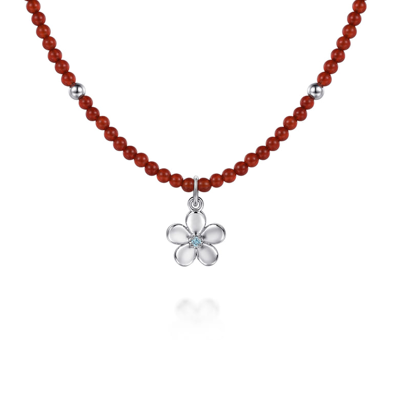 Floral - 925 Sterling Silver London Blue Topaz Flower and Red Agate Bead Pendant Necklace - Shot 1