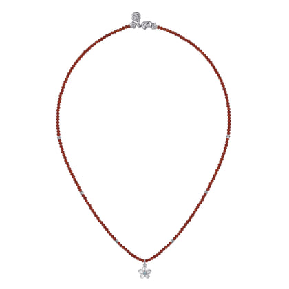 Floral - 925 Sterling Silver London Blue Topaz Flower and Red Agate Bead Pendant Necklace