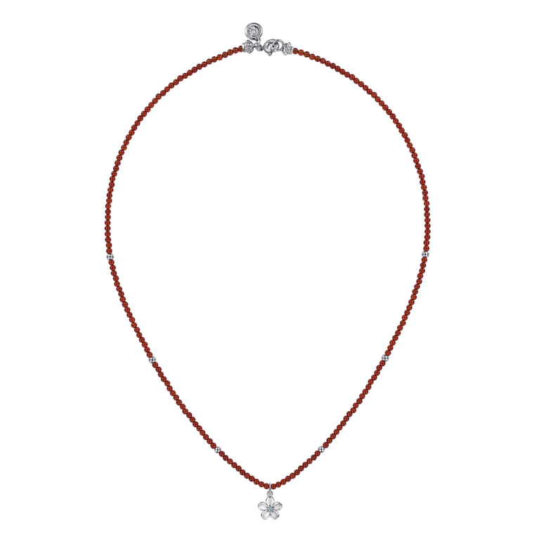 Floral - 925 Sterling Silver London Blue Topaz Flower and Red Agate Bead Pendant Necklace - Shot 2