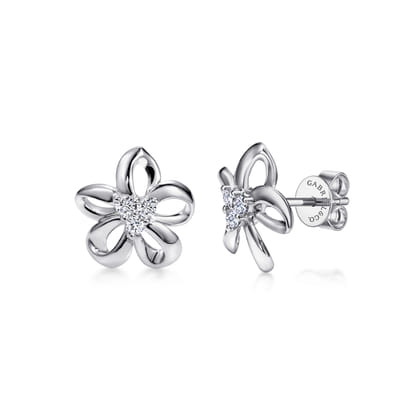 Floral - 925 Sterling Silver White Sapphire Floral Stud Earrings