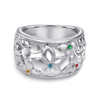 Floral - 925 Sterling Silver Wide Flower Band with Multi Colored Stones