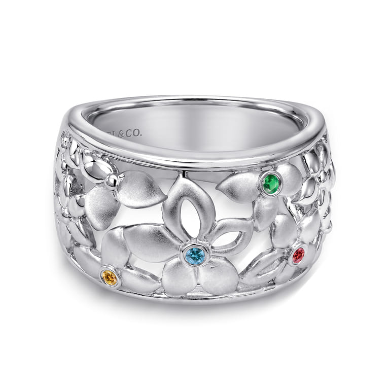 Floral - 925 Sterling Silver Wide Flower Band with Multi Colored Stones - Shot 1