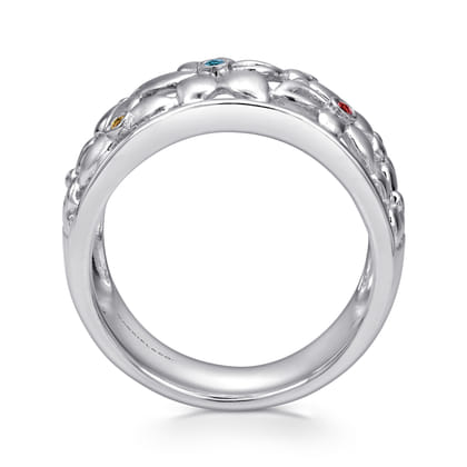 Floral - 925 Sterling Silver Wide Flower Band with Multi Colored Stones