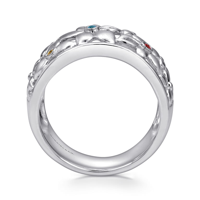 Floral - 925 Sterling Silver Wide Flower Band with Multi Colored Stones - Shot 2