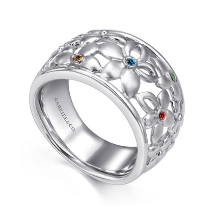 Floral - 925 Sterling Silver Wide Flower Band with Multi Colored Stones