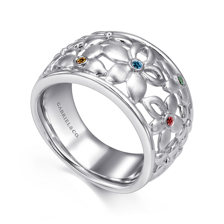 Floral - 925 Sterling Silver Wide Flower Band with Multi Colored Stones - Shot 3
