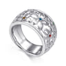 Floral - 925 Sterling Silver Wide Flower Band with Multi Colored Stones