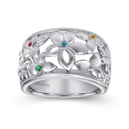 Floral - 925 Sterling Silver Wide Flower Band with Multi Colored Stones