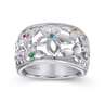 Floral - 925 Sterling Silver Wide Flower Band with Multi Colored Stones