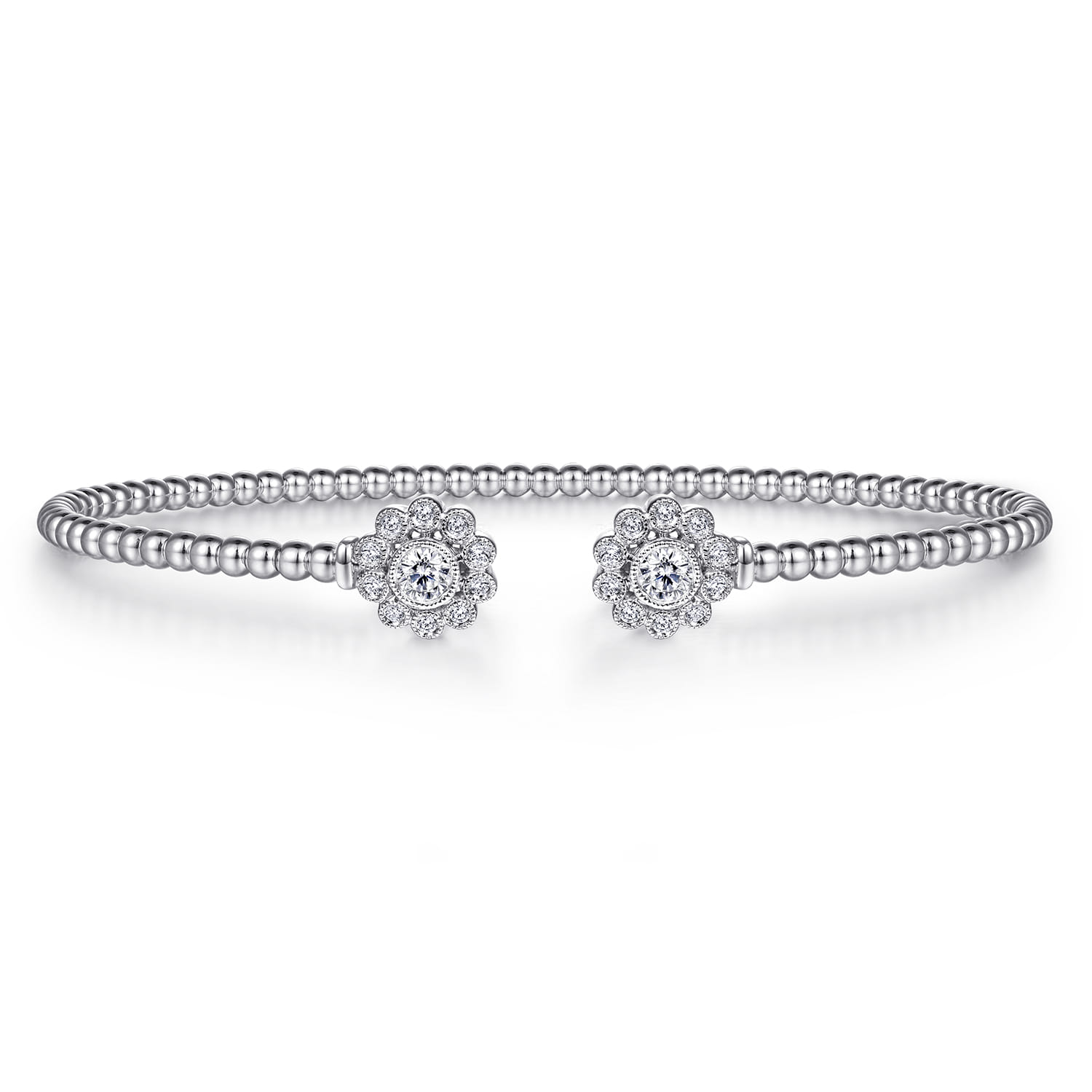 Floral - Split 14K White Gold Bujukan Bead Bangle with Floral Diamond Endcaps - 0.25 ct - Shot 1