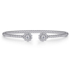 Floral - Split 14K White Gold Bujukan Bead Bangle with Floral Diamond Endcaps