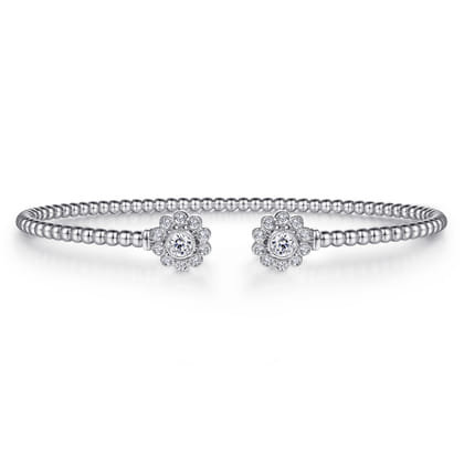 Floral - Split 14K White Gold Bujukan Bead Bangle with Floral Diamond Endcaps