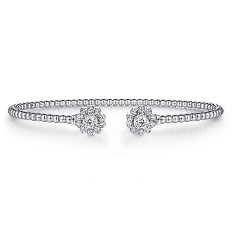 Floral - Split 14K White Gold Bujukan Bead Bangle with Floral Diamond Endcaps - 0.25 ct - Shot 1